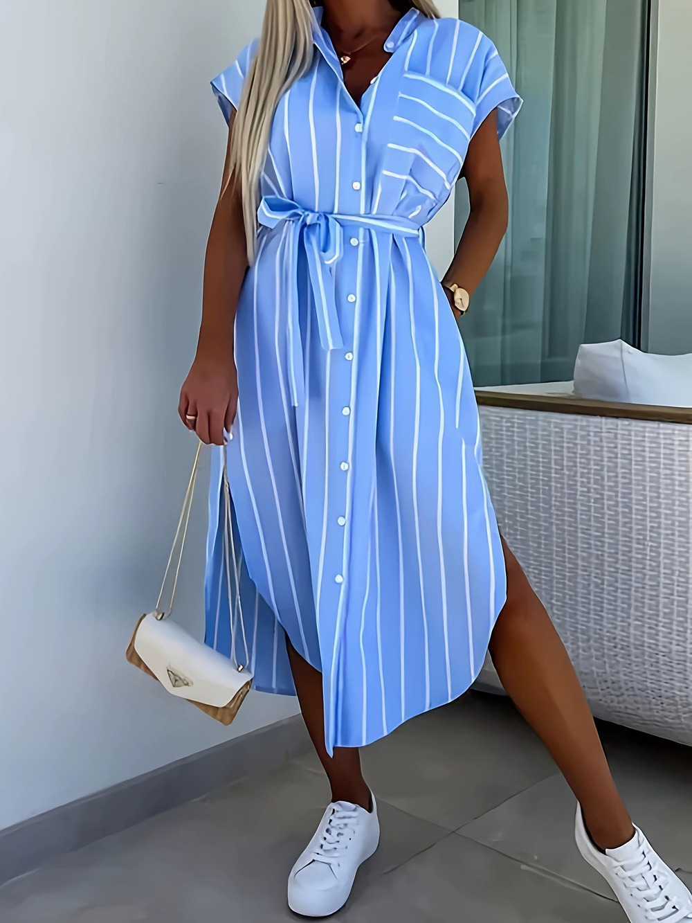 ZARA Retro Striped Short Sleeve Single Breasted Loose Midi Shirt Dress Women
